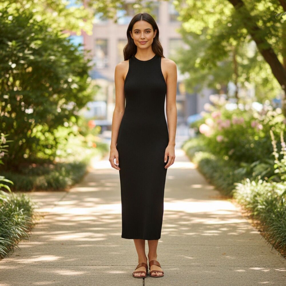 Antropologie Daily Practice Black Ribbed Knit Tank Midi Dress Size S